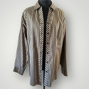 Chico’s No Iron Sateen Vertical Striped Black Tan Career Top Women's Size L